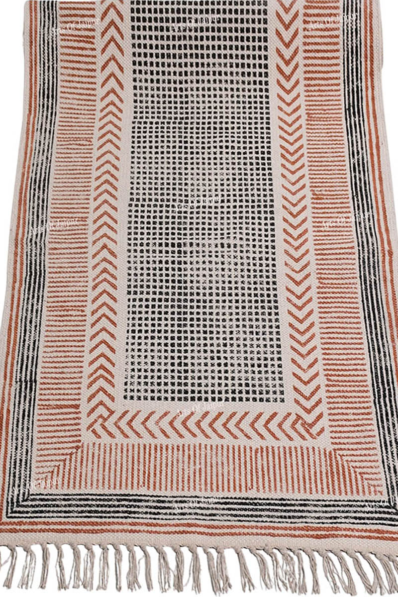 Hand Block Printed Cotton Area Rug - Modern Boho Geometric Dhurrie - Image 3
