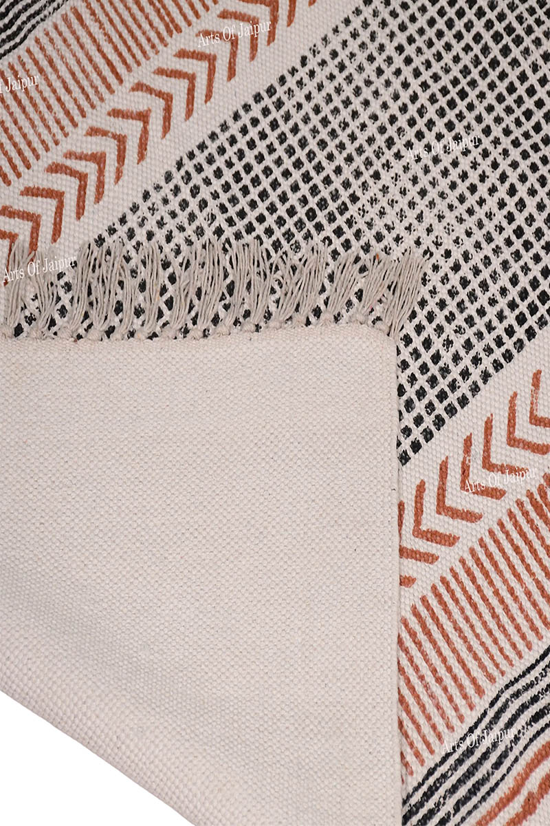 Hand Block Printed Cotton Area Rug - Modern Boho Geometric Dhurrie - Image 5