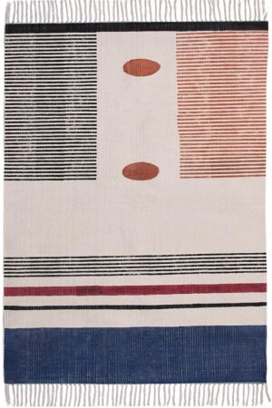 Modern Geometric Block Print Rug with Fringe