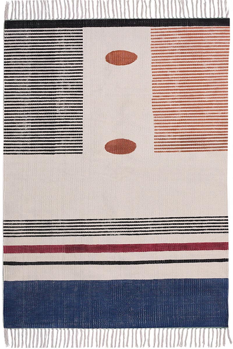Modern Geometric Block Print Rug with Fringe