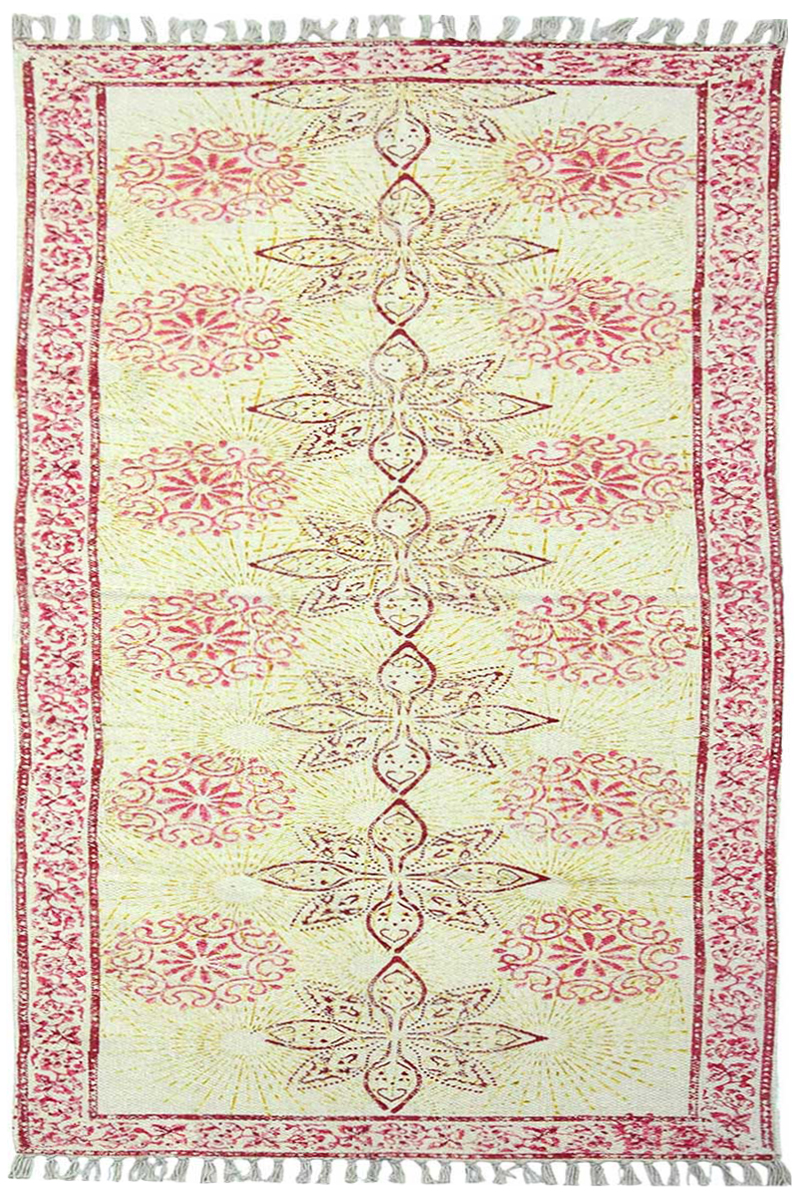 Pink Floral Handmade Cotton Dhurrie Rug