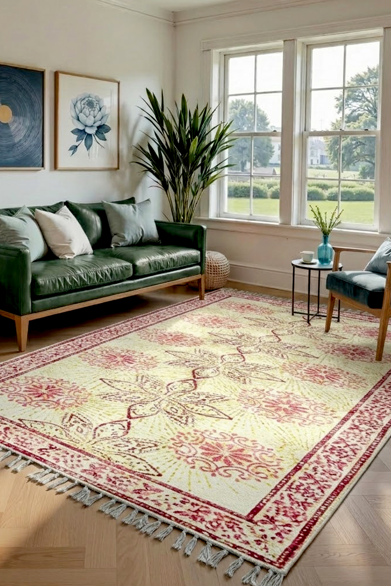 Pink Floral Handmade Cotton Dhurrie Rug - Image 2