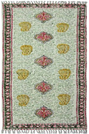Indian Block Print Rug Pink Floral Dhurrie