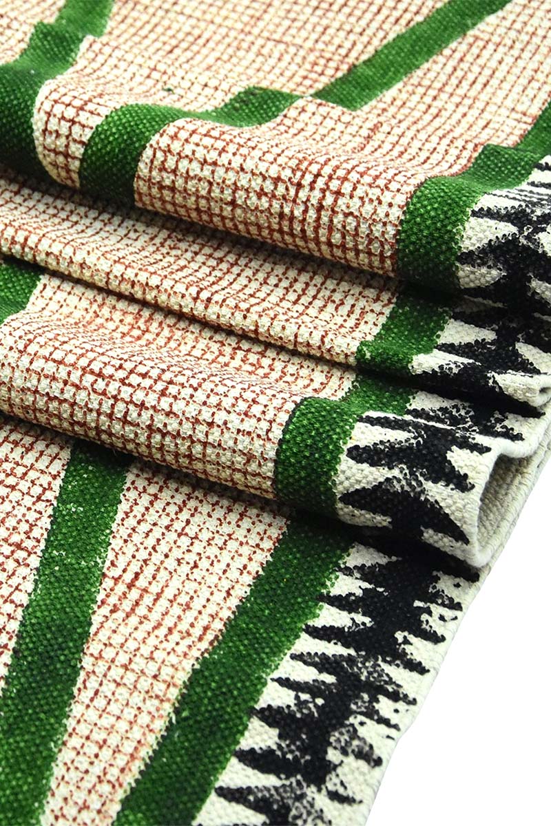 Handmade Green Geometric Cotton Dhurrie Rug - Image 4