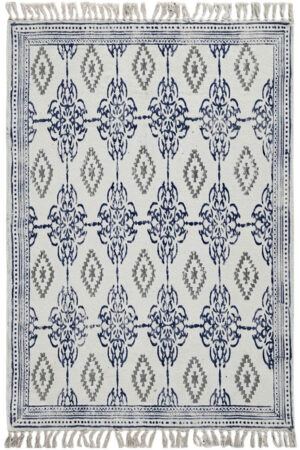 Hand Block Printed Blue Cotton Carpet for Living Room