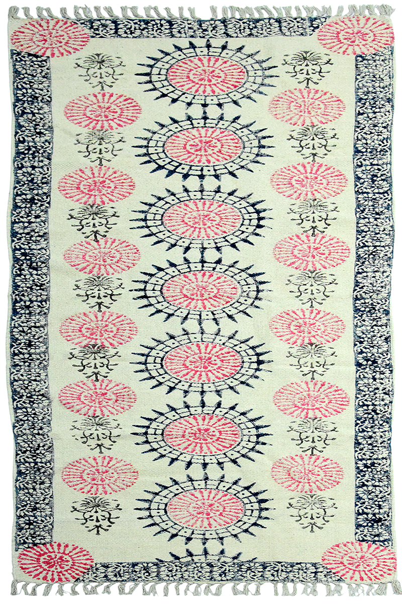 Large Pink & Blue Geometric Cotton Rug for Living Room