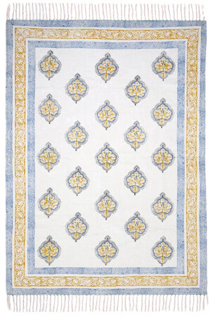 Stunning Gold & Blue Floral Rug | Hand Block Printed 4x6 Rug