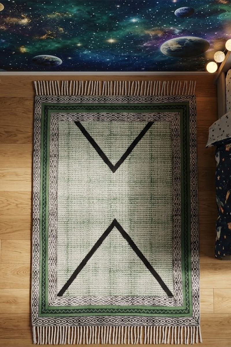 Green & Black Hand Block Print Living Room Area Rug - Image 2