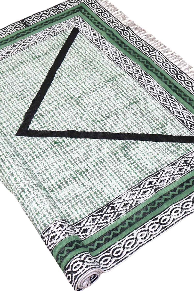 Green & Black Hand Block Print Living Room Area Rug - Image 4