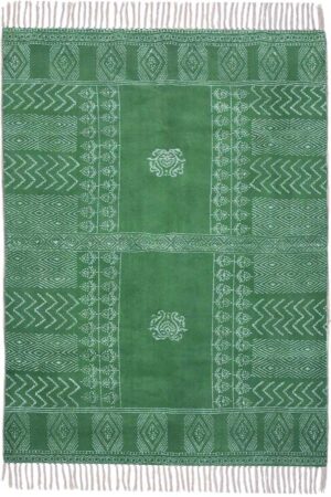 Hand Block Print Green Rug Geometric Bedroom Dhurrie