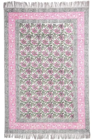 Elegant Pink Floral Hand Block Printed Cotton Rug