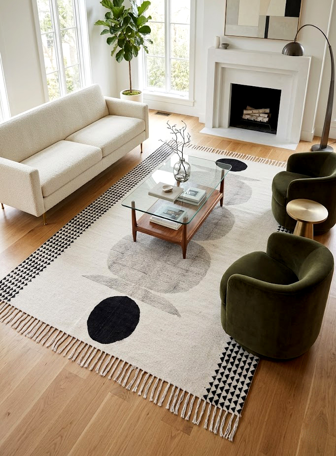 Black Geometric Block Print Rug for Living Room & Bedroom - Image 2