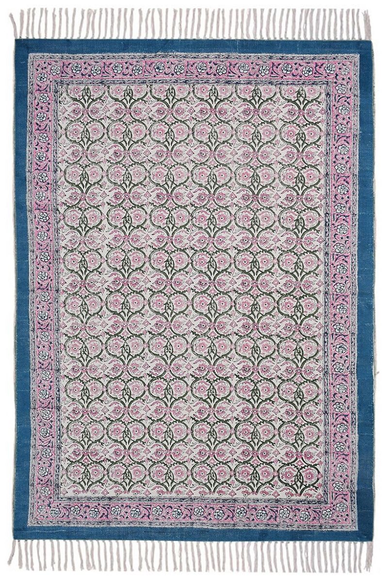 Premium Floral Cotton Dhurrie – Pink Blue block Printed Rug