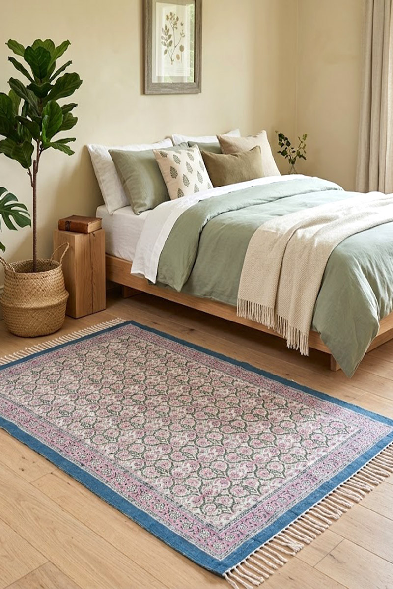 Floral Blue Washable Cotton Dhurrie Rug - Image 2