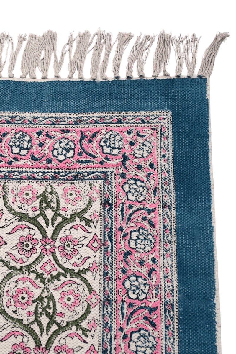 Floral Blue Washable Cotton Dhurrie Rug - Image 5