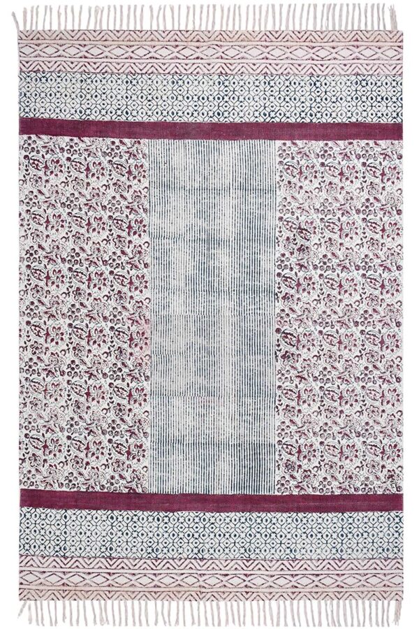Artisanal Floral Rug: Hand Block Printed Cotton