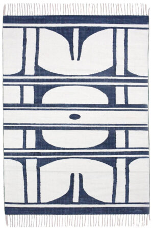 Modern Blue Geometric Living Room Rug with Fringe