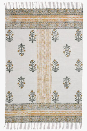 Hand Block Printed Cotton Rug Yellow Floral Indian Dhurrie