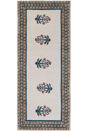 Elegant Blue Floral Block Print Runner Rug for Hallway & Living Room