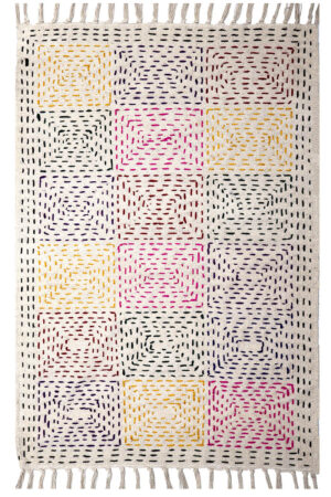 Kantha Cotton Rug with Geometric Hand Stitched Artisan Dhurrie