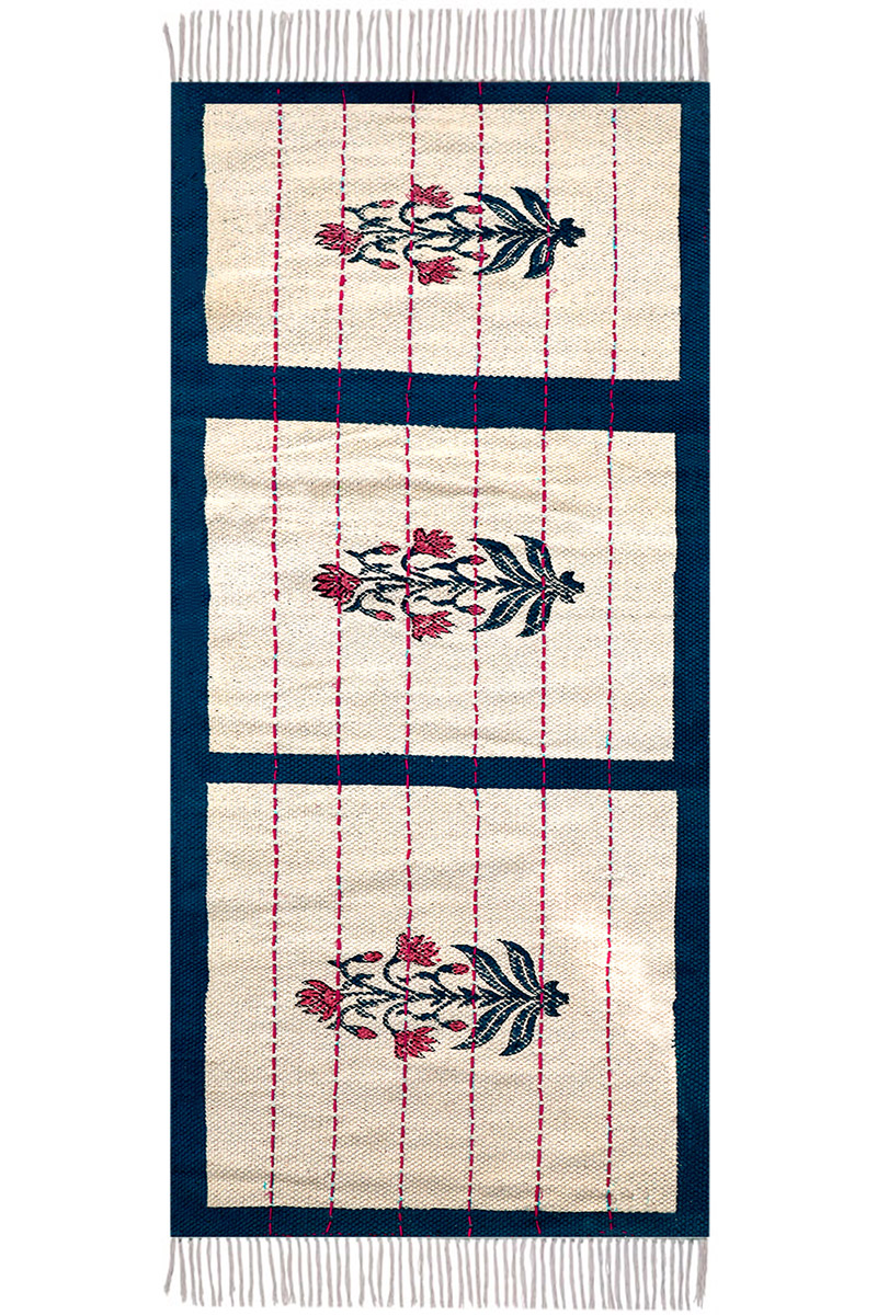 Hand Block Print for Blue Cotton Outdoor Rugs