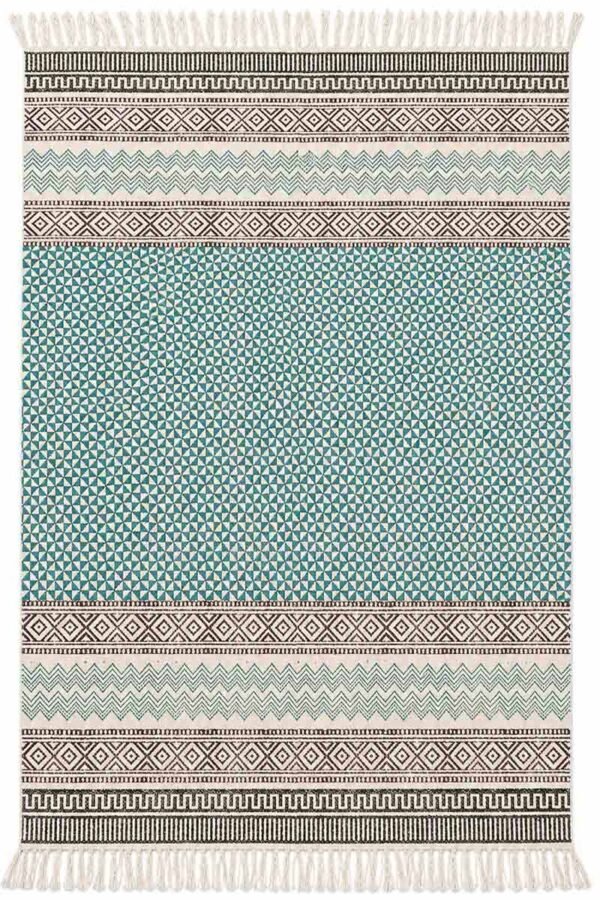 Geometric Cotton Rug made from cotton with modern tribal design Cotton handmade area rug with teal and neutral colors Geometric flat weave rug for trendy living rooms