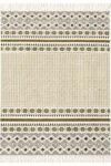 Premium geometric area rug featuring olive green and ivory tribal patterns with fringed edges. Top-down view of a washable geometric area rug with diamond and chevron motifs.