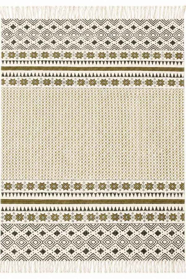 Premium geometric area rug featuring olive green and ivory tribal patterns with fringed edges. Top-down view of a washable geometric area rug with diamond and chevron motifs.