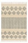 Hand block printed Geometric Cotton Area Rug with tassels in neutral ivory and charcoal pattern Elegant Geometric Cotton Area Rug featuring traditional block print motifs and fringe tassels Premium cotton area rug with geometric design and handcrafted tassel detailing for modern homes