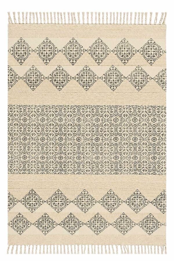 Hand block printed Geometric Cotton Area Rug with tassels in neutral ivory and charcoal pattern Elegant Geometric Cotton Area Rug featuring traditional block print motifs and fringe tassels Premium cotton area rug with geometric design and handcrafted tassel detailing for modern homes