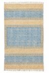 Handmade geometric cotton dhurrie runner rug with blue circular pattern and decorative tassels for hallway décor. Modern geometric cotton runner rug featuring block printed blue concentric motifs and Greek key borders. Premium handmade cotton hallway runner rug with blue and mustard geometric design for contemporary interiors.