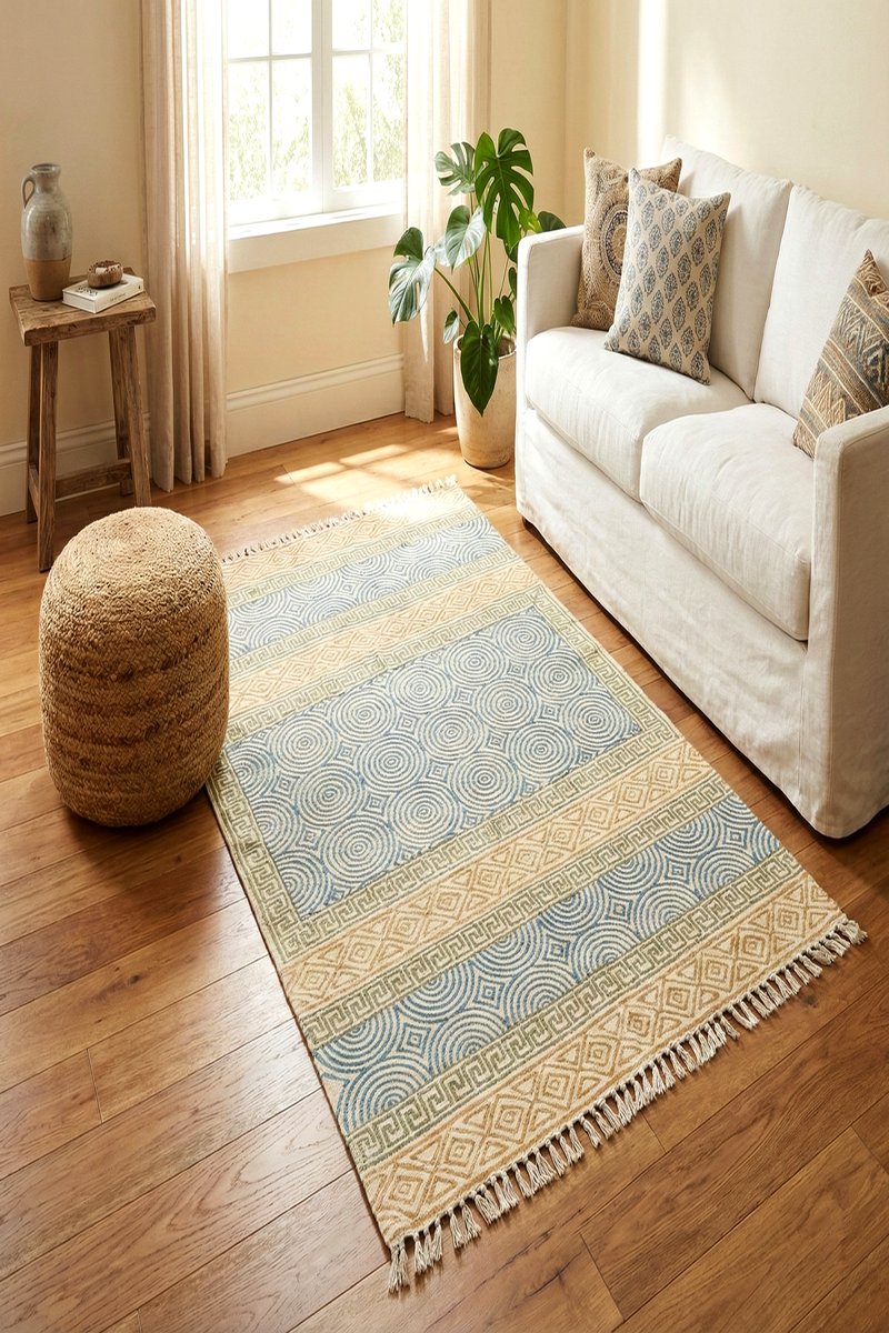 Hand Block Printed Geometric Cotton Rug - Image 2