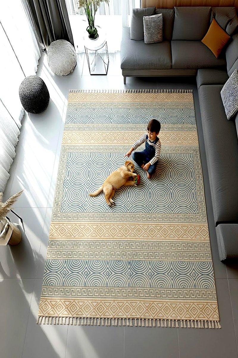 Hand Block Printed Geometric Cotton Rug - Image 3