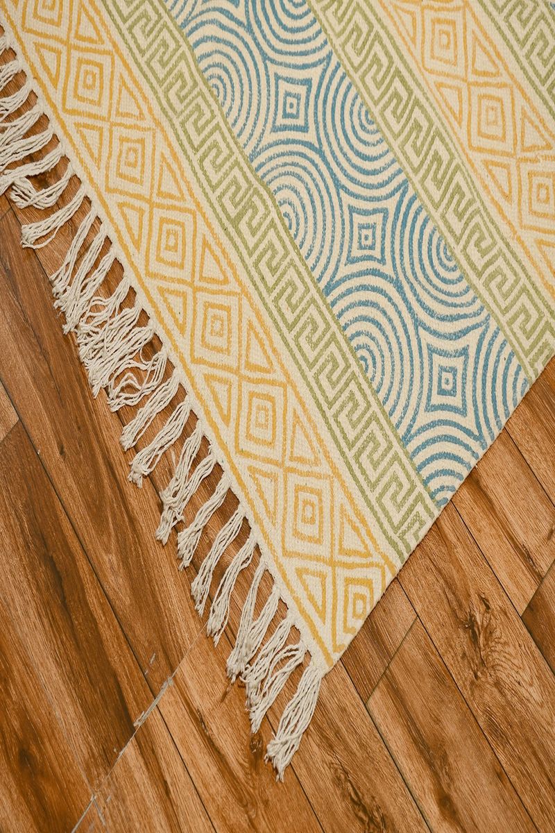 Hand Block Printed Geometric Cotton Rug - Image 5