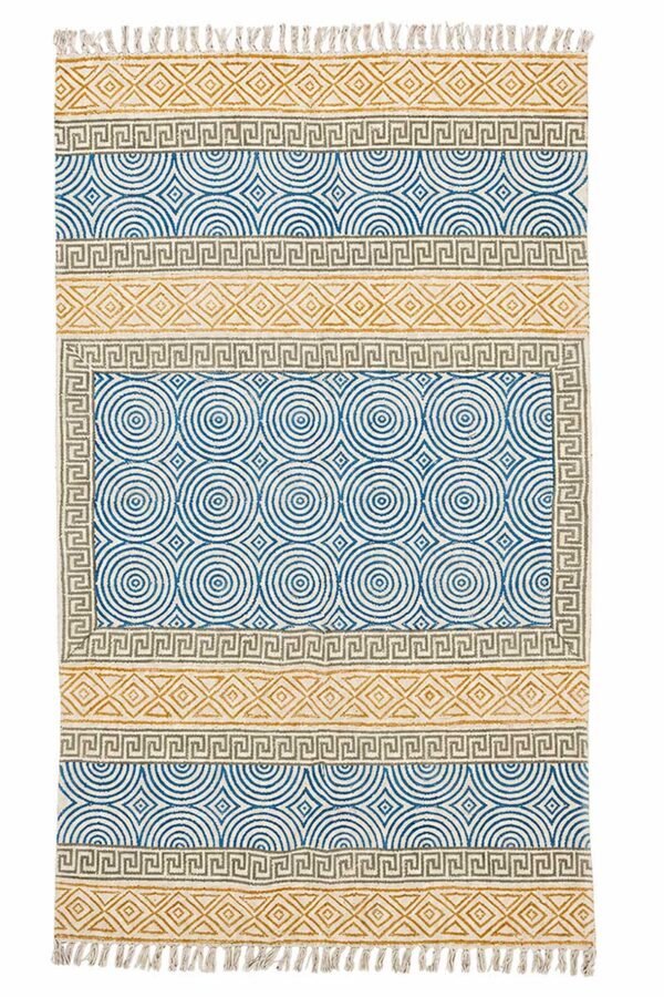 Handmade geometric cotton dhurrie runner rug with blue circular pattern and decorative tassels for hallway décor. Modern geometric cotton runner rug featuring block printed blue concentric motifs and Greek key borders. Premium handmade cotton hallway runner rug with blue and mustard geometric design for contemporary interiors.