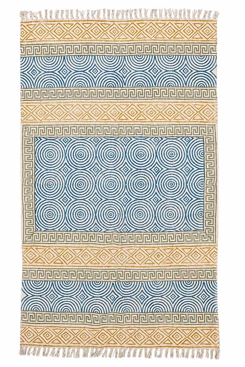 Hand Block Printed Geometric Cotton Rug