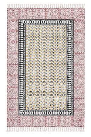 Pink Floral Hand Block Printed Bedroom Rug