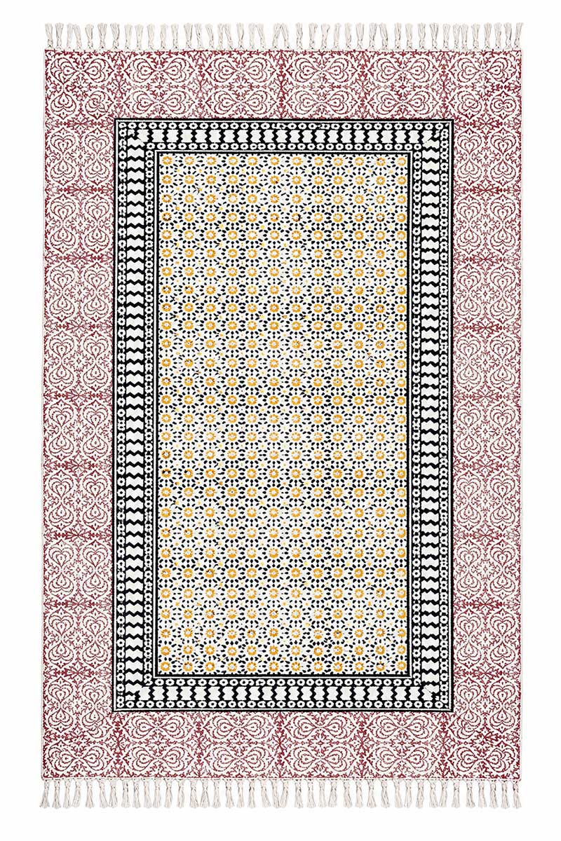 Pink Floral Hand Block Printed Bedroom Rug
