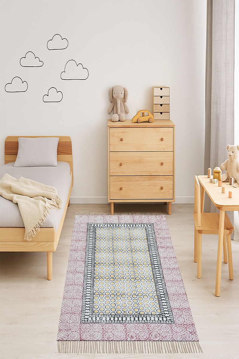 Pink Floral Hand Block Printed Bedroom Rug - Image 2