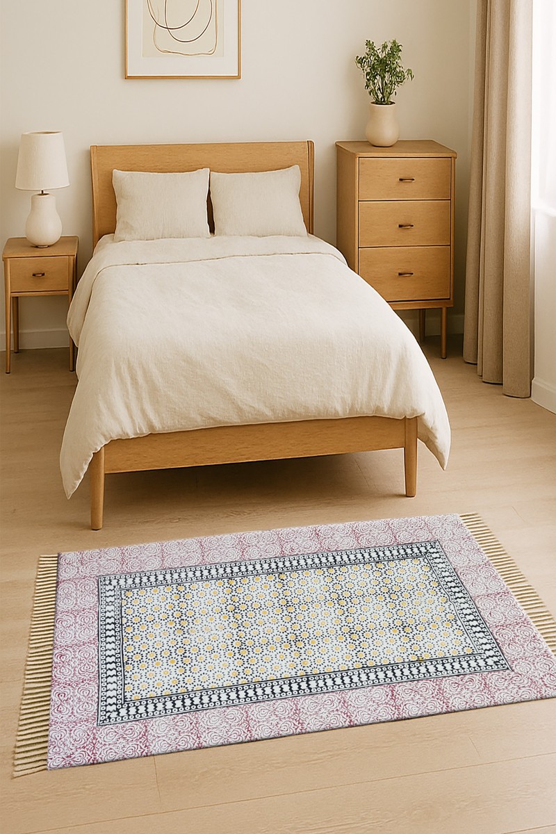 Pink Floral Hand Block Printed Bedroom Rug - Image 3