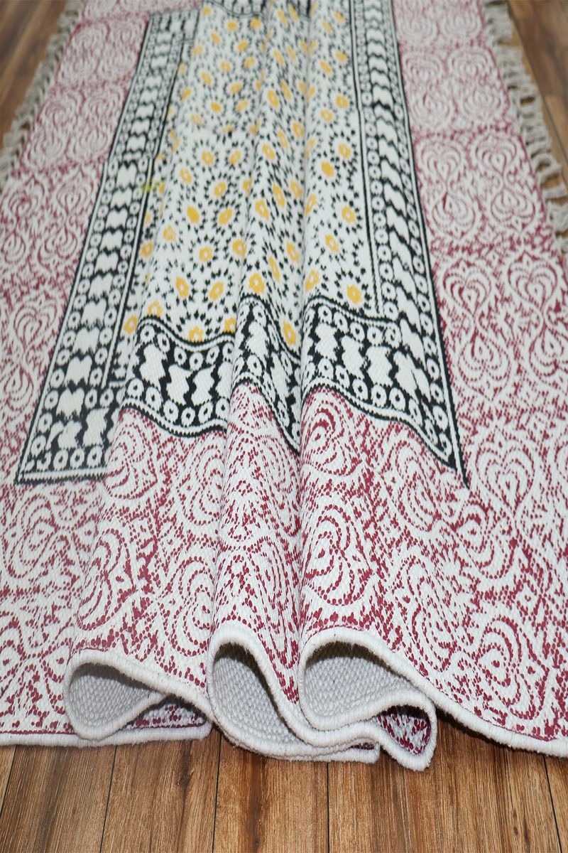 Pink Floral Hand Block Printed Bedroom Rug - Image 5