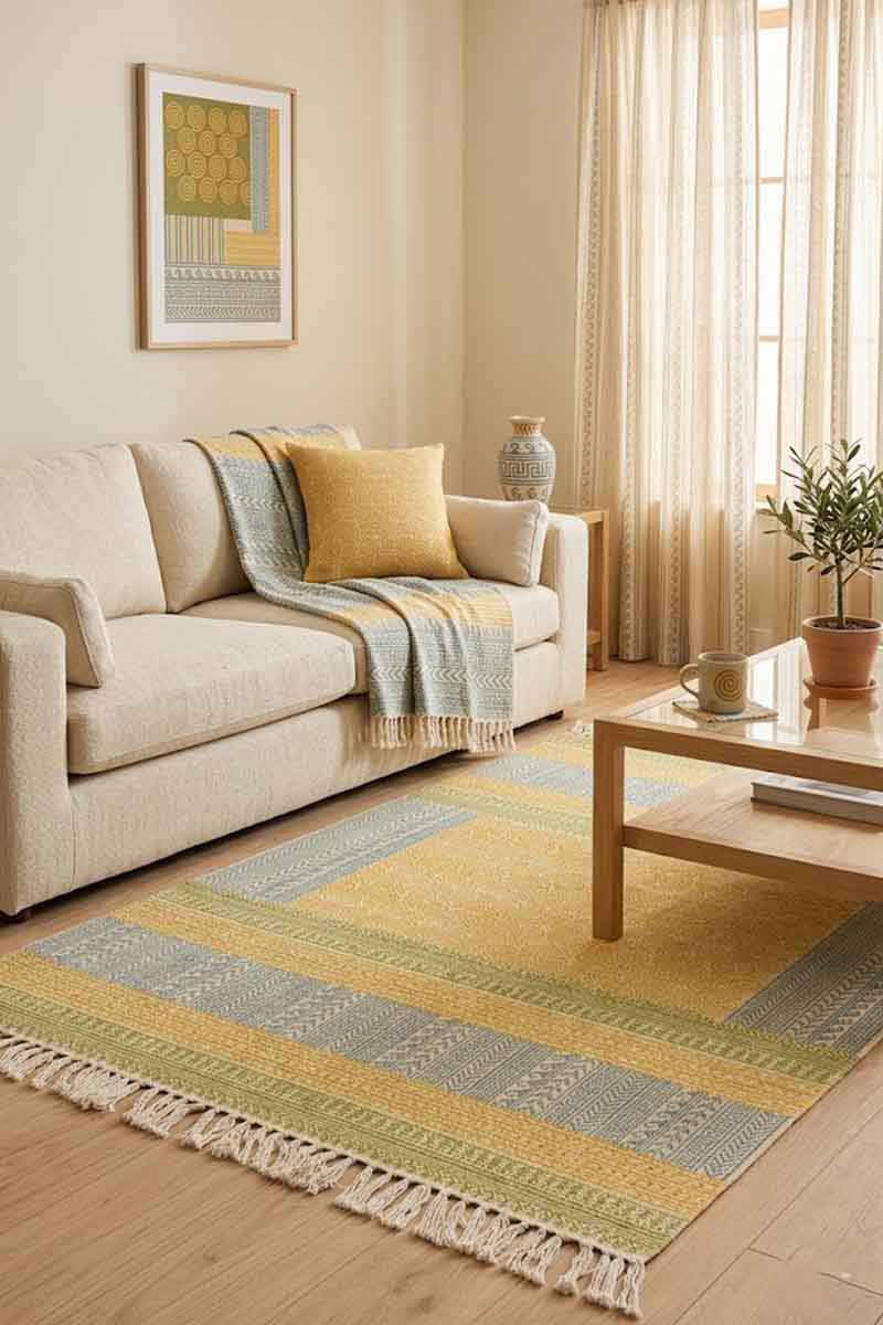 Hand Block Printed Yellow Area Rug - Image 2