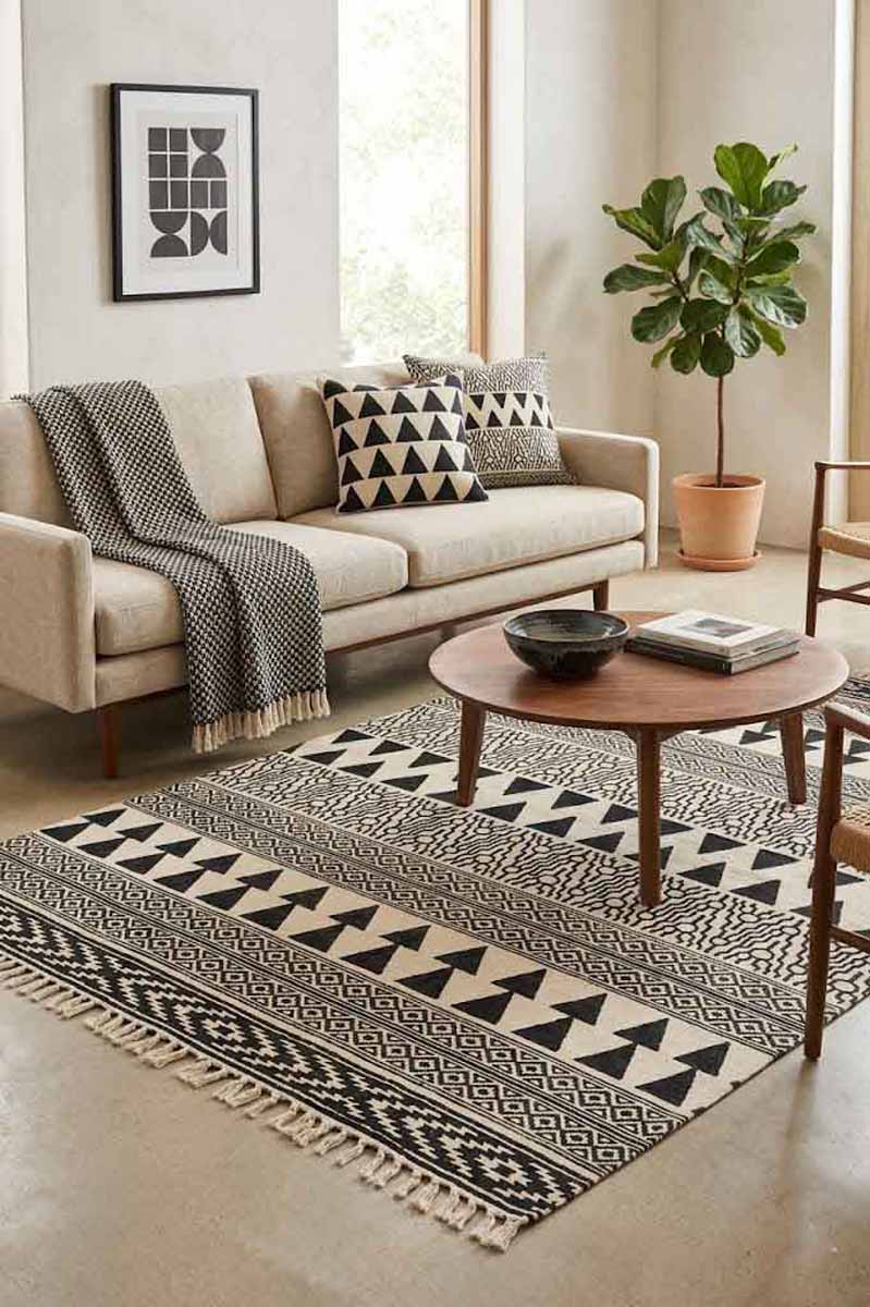 Hand Block Printed Black Area Rugs - Image 2