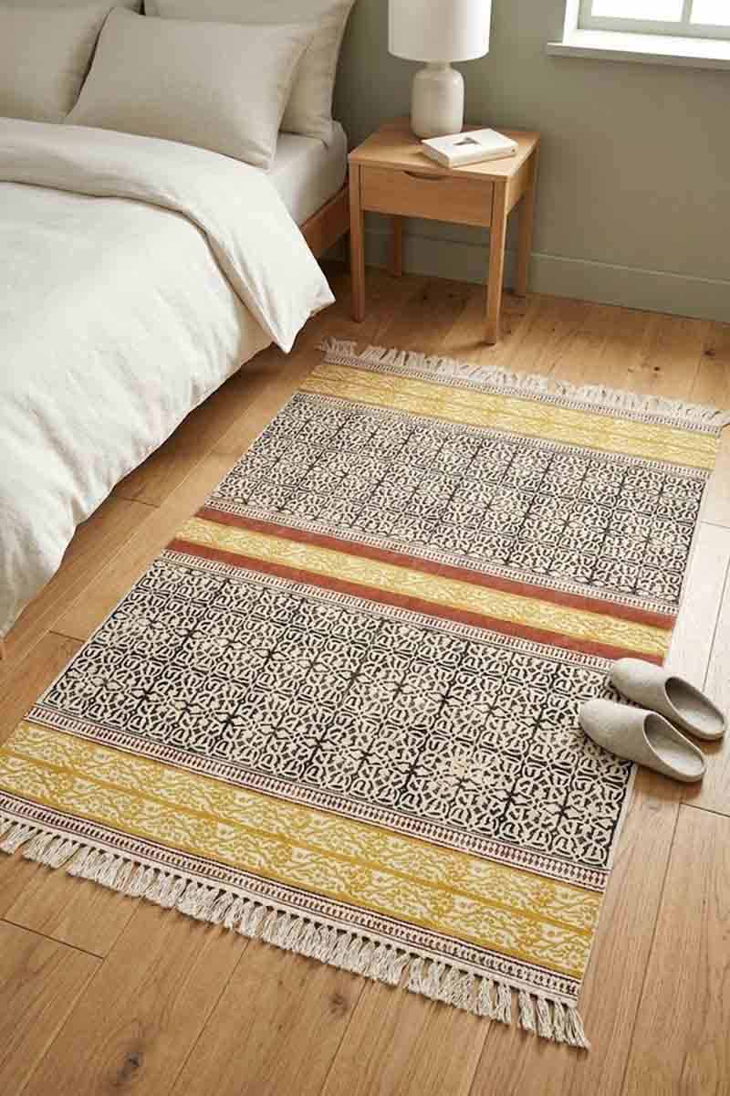 Geometric Black & Yellow Cotton Area Rug - Image 2