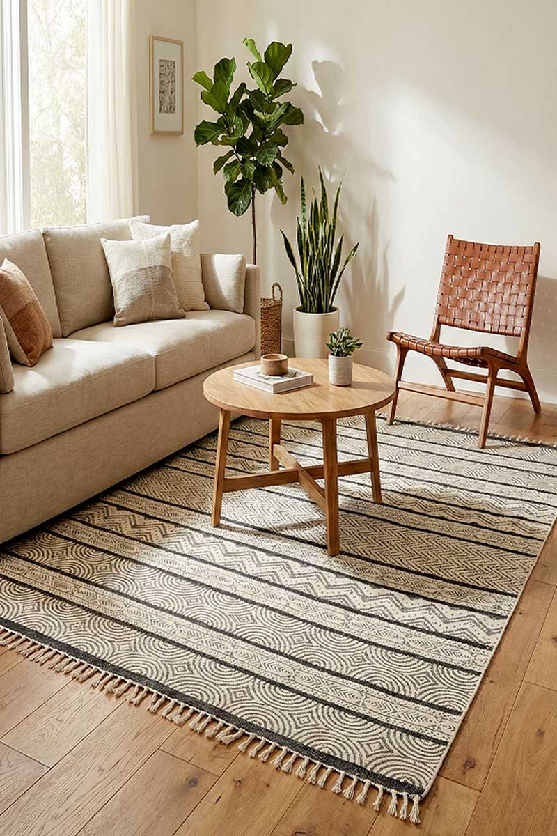 Hand Block Printed Geometric Cotton Rug - Image 2