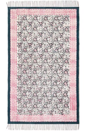 Pink Floral Cotton Dhurrie Rug with Tassels Hand Block Printed Indian Dhurrie