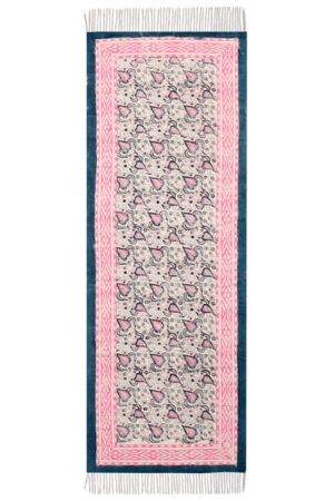 Pink Floral Cotton Dhurrie Rug with Tassels Hand Block Printed Indian Dhurrie