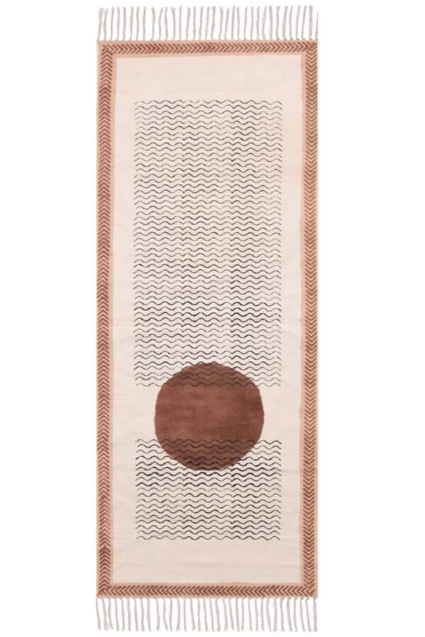 Modern abstract geometric washable runner rug with terracotta circle and wavy line design. Abstract Geometric Runner Rug