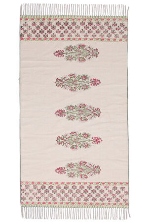 Elegant Pink & Green Floral Hand Block Printed Rug