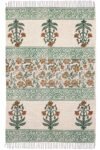 Overhead view of an elegant floral washable cotton rug featuring green and terracotta botanical motifs on a cream base. Close-up of the knotted fringe detail and sage green patterned border on a flatweave washable cotton rug. Botanical print washable cotton rug with an Indian-inspired block print design laid flat on a hardwood floor.